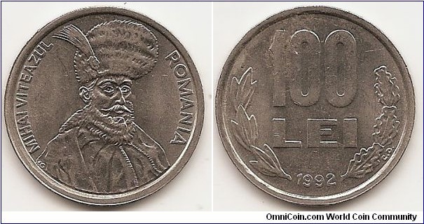 100 Lei
KM#111
8.7500 g., Nickel Plated Steel, 29 mm. Obv: Bust with headdress 1/4 right Rev: Value within sprigs Edge Lettering: ROMANIA Designer: Vasile Gabor