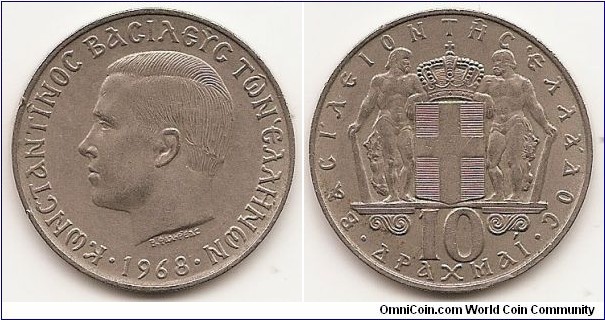 10 Drachmai
KM#96
Copper-Nickel Ruler: Constantine II Obv: Head left Rev: Crowned arms with supporters