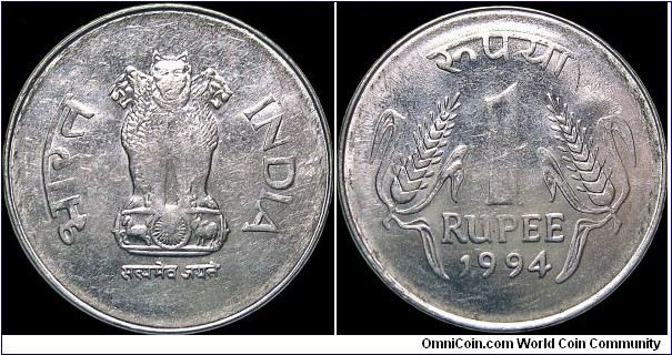 India - 1 Rupee - 1994 - Weight 4,85 gr - Stainless steel - Size 25 mm - Thickness 1,4 mm - Alignment Medal (0°) - No mintmark = Calcutta - Edge : Weakly Reeded - Reference KM# 92.1