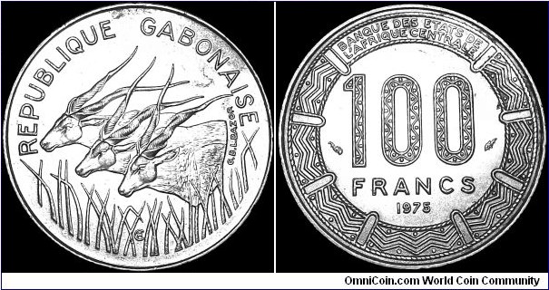 Gabon - 100 Francs - 1975 - Weight 7,1 gr - Copper-Nickel - Size 25 mm - Thickness 1,7 mm - Alignment Coin (180°) - Engraver Obverse / Lucien Georges Bazor - Edge : Reeded - Reference KM# 13 (1975-85)