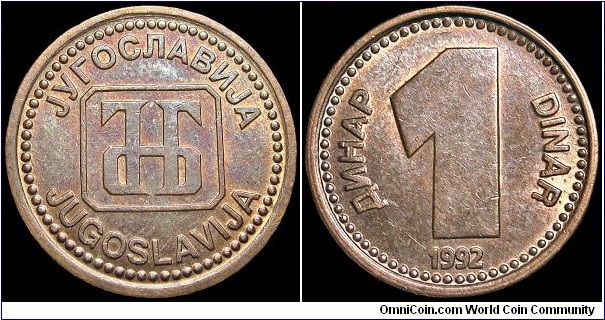 Yugoslavia - 1 Dinar - 1992 - Weight 3,6 gr - Copper-Zinc - Size 19 mm - Alignment Medal (0°) - Edge : Smooth - Mintage 49 269 000 - Reference KM# 149 (1992)