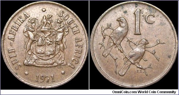 South Africa - 1 Cent - 1971 - Weight 3,0 gr - Bronze - Size 19 mm - Thickness 1,5 mm - Alignment Medal (0°) - Engraver / T.Sasseen - Edge . Milled - Mintage 34 053 000 - Reference KM# 82 (1970-89)