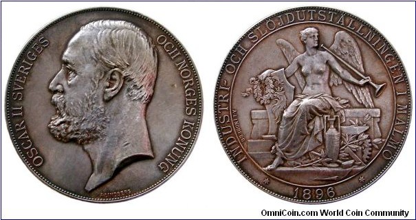1896 Sweden Oskar II The Industrial & Handicraft Malmo Exhibition Medal by Adolf Linberg. Silver 58MM./75.9 gm
