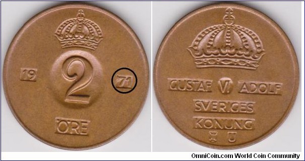 Cud Extra metal Error on the top left of the 7, 1971 Sweden 2 Öre