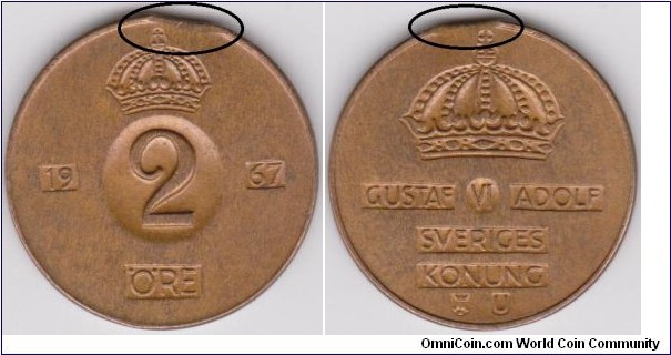 Error Planchet Flaw 1967 Sweden 2 Öre