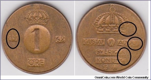 1961 1 Öre(weak strike,missing part of the coin design) at 2,3 and 5hr (part of the left side Crown on Reverse