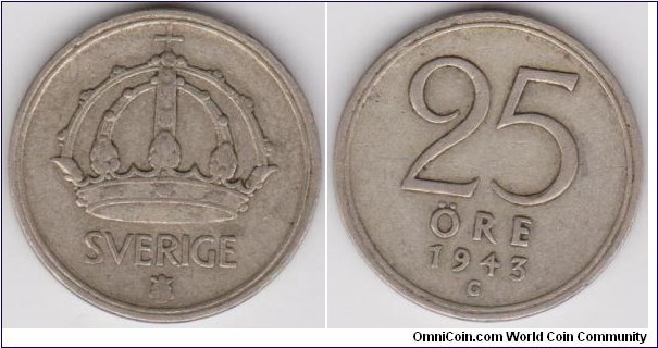 1943-G Sweden 25 Öre 