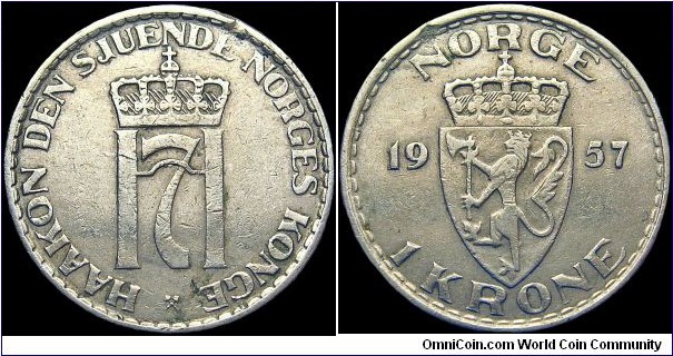 Norway - 1 Krone - 1957 - Weight 7,0 gr - Copper-Nickel - Size 25 mm - Alignment Medal (0°) - Ruler / Haakon VII (1905-57) - Edge : Plain - Mintage 7 630 000 - Reference KM# 397 (1951-57)