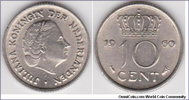 1960 Netherlands 10 Cent 