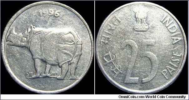 India - 25 Paise - 1996 - Weight 2,83 gr - Stainless steel - Size 19 mm - Alignment Medal (0°) - Obverse / Indian Rhinoceros - No mintmark = Calcutta Mint - Edge : Smooth - Reference KM# 54 (1988-2002)