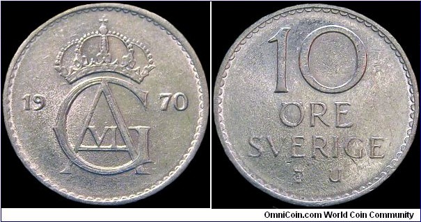 Sweden - 10 Öre - 1970 - Weight 1,35 gr - Copper-Nickel - Size 15 mm - Alignment Medal (0°) - Ruler / Gustaf VI Adolf (1950-73) - Engraver / Leo Holmgren - Edge : Plain - Mintage 60 910 000 - Reference KM# 835 (1962-73)