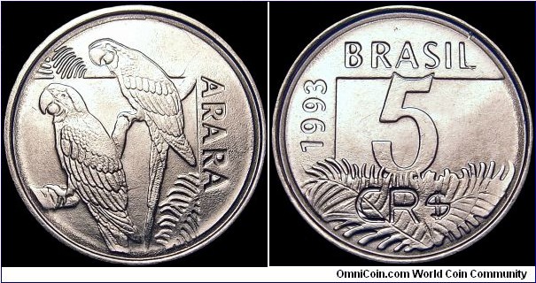 Brazil - 5 Cruzeiros Reais - 1993 - Weight 3,27 gr - Stainless steel - Size 21 mm - Thickness 1,5 mm - Alignment Coin (180°) - Minted in Rio de Janeiro / Brazil - Edge : Smooth - Mintage 250 000 000 - Reference KM# 627 (1993-94)