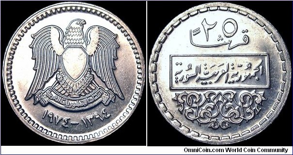Syria - 25 Piastres - AH 1394 / 1974 - Weight 3,5 gr - Nickel - Size 20,3 mm - Alignment Coin (180°) - Edge : Milled - Reference KM# 107 (1974)