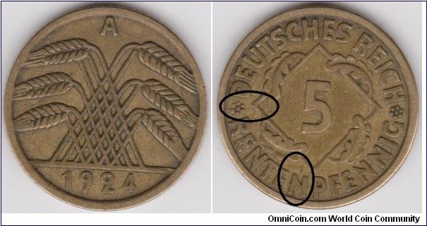 5 Rentenpfennig 1924-A Die Crak Mint Error, At 6hr passing N to Rim and at 9Hr passing the 5 dots to Rim on Reverse