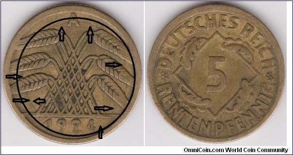 5 Rentenpfennig 1924-A Die Crack Mint Error on Obverse,a kind of circle shape closed to Rim 
