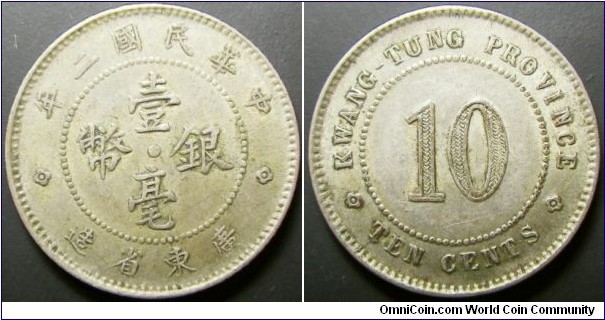 China Guangdong Province 1913 10 cents. Nice condition. Weight: 2.71g.