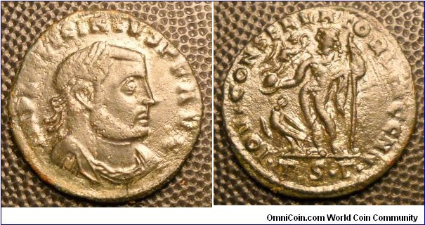 LICINIUS I
A.D. 308-324 	Æ Follis (23) Rev. IOVI CONSERVATORI AVGG NN, Jupiter standing left holding Victory and sceptre, eagle at feet. ·TS·Δ· in exergue, mint of Thessalonica. 3.3gm. RIC 59.