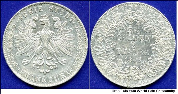 3-1/2 Gulden / 2 Thaler.
Freie Stadt Frankfurt.
Edge Lettering: **CONVENTION*VOM*30*IULY*1838**.
Mintage 122,940 units.


Ag900f. 37,04gr.