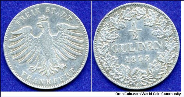 1/2 Gulden.
Freie Stadt Frankfurt.
Mintage 120,000 units.


Ag900f. 5,303gr.