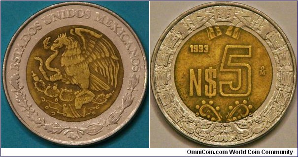 5 new Pesos, the ''N'' was dropped after a couple years, 25 mm, bi-metallic
