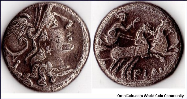 Decimius Flavus silver denier minted in Rome 150 bc. Obverse `Roma'. Reverse has Luna in a Biga.