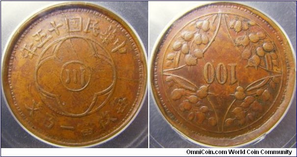 China Sichuan Province 1926 100 cash overstruck over ~1905 Empire 20 cash. Rotated die! In ICG slab. Tough coin to find in nice condition as well as clearly overstruck. 