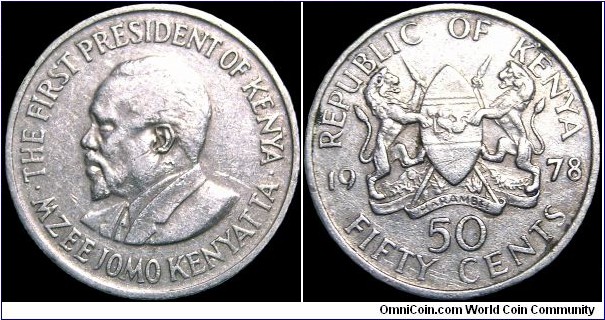 Kenya - 50 Cents - 1978 - Weight 3,8 gr - Copper-Nickel - Size 21 mm - Thickness 1,48 mm - Alignment Medal (0°) - Engraver Obverse / N. Sillman - Edge : Milled - Mintage 20 480 000 - Reference KM# 13 (1969-78)