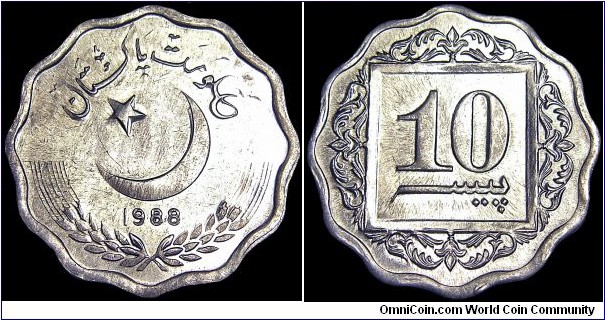 Pakistan - 10 Paisa - 1988 - Weight 1,19 gr - Aluminium - Size 22 mm - Thickness 1,8 mm - Alignment Medal (0°) - Shape Scalloped (With 12 notches) - Edge : Smooth - Mintage 42 510 000 - Reference KM# 53 (1981-96)