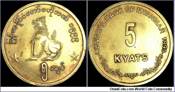 Myanmar - 5 Kyats - 1999 - Weight 2,73 gr - Brass - Size 20 mm - Alignment Medal (0°) - Edge : Smooth - Reference KM# 61 (1999)