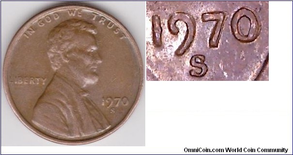 Mint Error 1970-S 1 Cent Lincoln  Doubled Die Obverse(Date) 