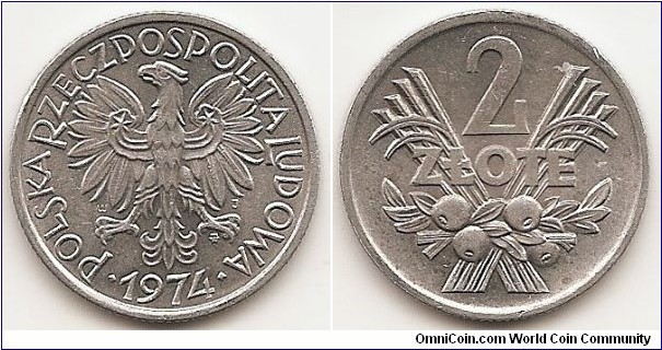 2 Zlote
Y#46
2.7000 g., Aluminum, 27 mm. Obv: Eagle with wings open Rev: Value above design and fruit Edge: Reeded