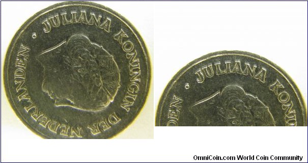 Doubled Die Obverse 1977 Netherlands 25 Cent Nickel,(Weight_3g,Diameter_19mm,Thickness_1.61mm).  JULIANA KONINGIN is nice and clear DD, some letters in Der Nederlanden are DD)