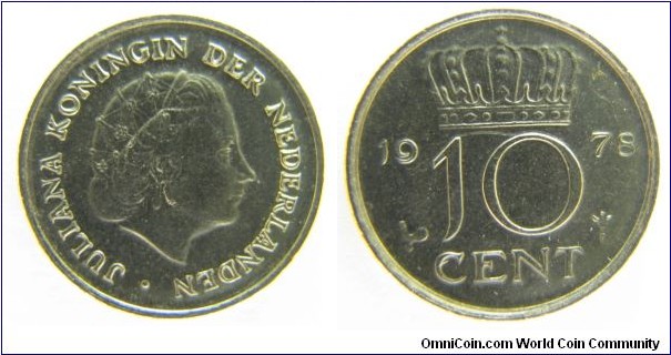 10 Cent Netherlands Doubled Die Reverse 1978. Nickel(Weight_1.5g, Diameter_14.9mm,Thickness_1.21mm). All JULIANA KONINGIN  DER NEDERLANDEN, beautiful nice and clear DD) 