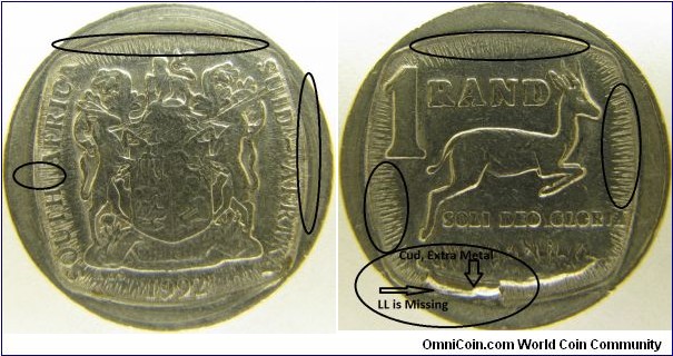 1 Rand South Africa Mint Error Obverse (CUD,Extra Metal) same CUD position LL is missing). Rotated Die Error clockwise of 25-35 degrees