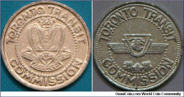 Toronto Transit Token with date of 1954, the year the Transit Commission was founded.  One site said this was the version used starting in 1976.  17 mm, Al?