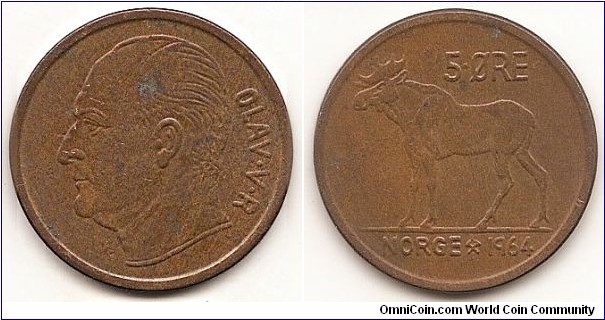 5 Ore
KM#405
8.0000 g., Bronze, 27 mm. Ruler: Olav V Obv: Head left Rev: Moose