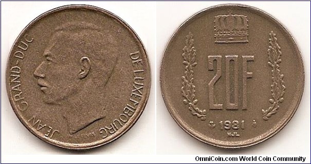 20 Francs
KM#58
Bronze, 25.5 mm. Ruler: Jean Obv: Head left Rev: Crown above value flanked by sprigs Edge: Dashes all around