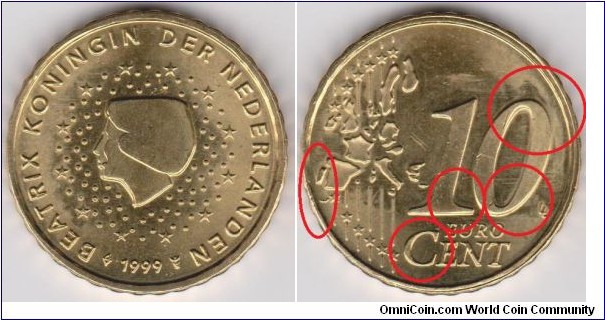 1999 Netherlands Doubled Die Reverse 10 Euro Cent Clear on ( 10 and C in Cent)