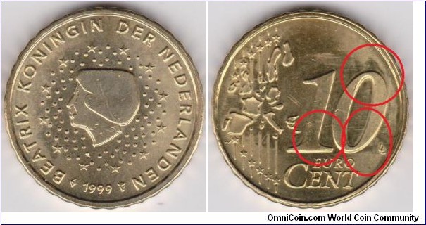 1999 Netherlands Doubled Die Reverse 10 Euro Cent Clear on_ 10 