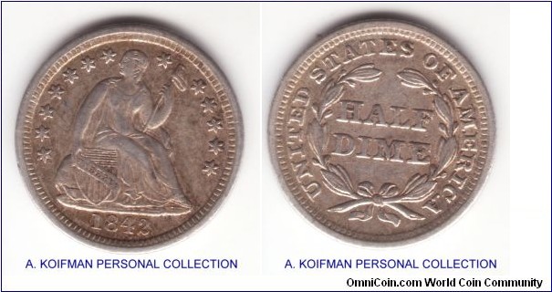 KM-62.2, 1842 Unites States half dime; silver, reeded edge; very fine, full LIBERTY on the shield.
