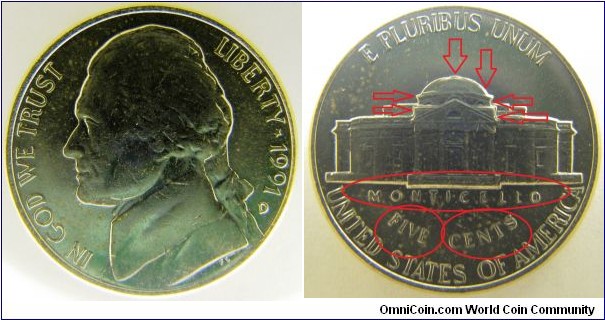 1991-D Doubled Die Reverse Jefferson 5 Cents ( 1991-D seems Rare variety with the words MONTICELLO and FIVE CENTS doubled on the reverse, effected also the top of Monticello house, Very clear DD