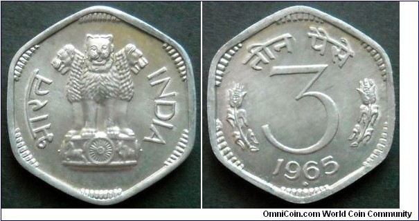 India 3 paise.
1965, Aluminum. Mint Bombay.