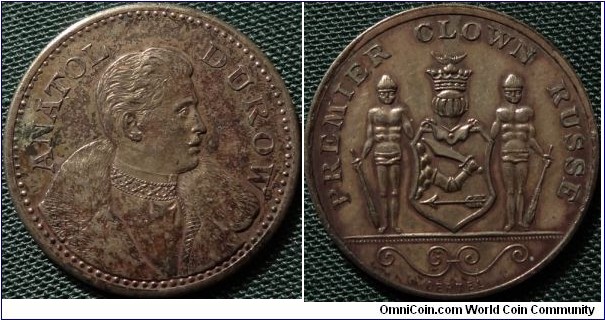 Anatol Durow, Russia’s first clown, Silvered Bronze Medalet, by Oertel, bust right, rev arms with supporters, 23mm circa 1900