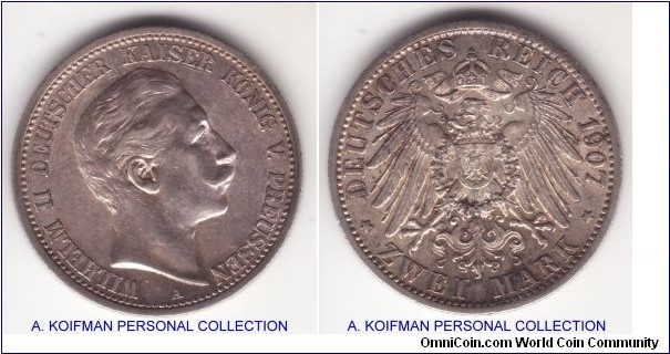 KM-522, 1907 German States Prussia 2 mark, Berlin (A) mint; silver, reeded edge; good extra fine specimen, lots of luster remaining.