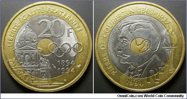 France 1994 20 franc. Commemorating the Olympics. Interesting tri-metal coin. Weight: 8.97g. 