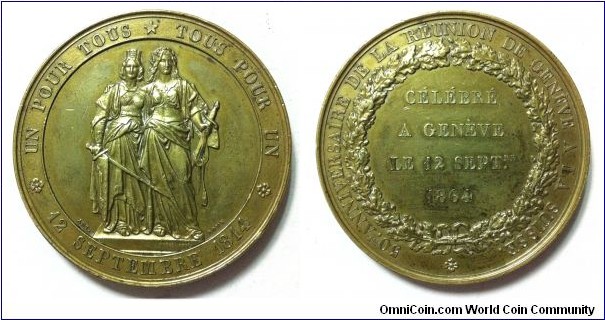 1864 Geneve 50th Anniversaire de La Geneve a La Suisse Medal by Bovy. Gold plated Bronz 47MM
