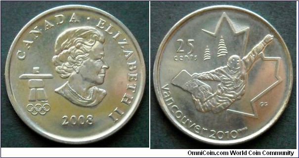 Canada 25 cents.
2008, XXI Olympic Winter Games - Vancouver 2010.
Snowboarding