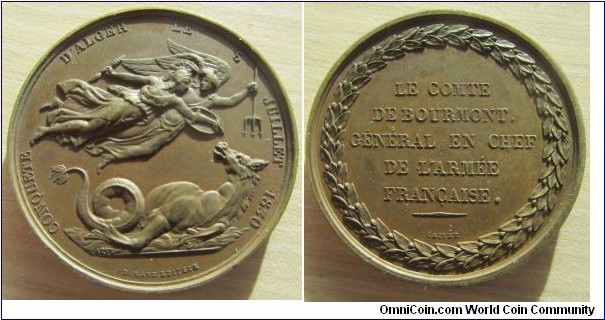 1830 Algeria/France The Conquest of Algeria Medal by Caque.  Bronze 41MM 
