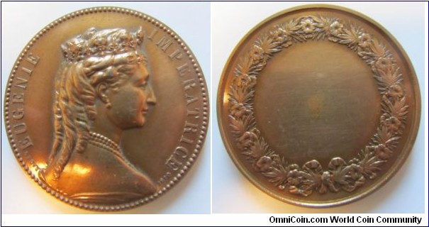 1870 France Eugenie Imperatrice Medal by A. Bovy. Bronze 48MM
