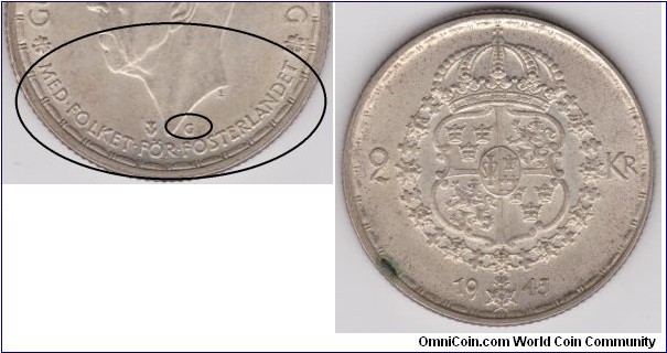 1945-G Sweden 2 Kronor DDO Obverse (MED FOLKET FÖR FOSTERLANDET and Mint Mark G are clear DD, Silver, Weight-14 g, Diameter -31 mm,Thickness 2.25 mm